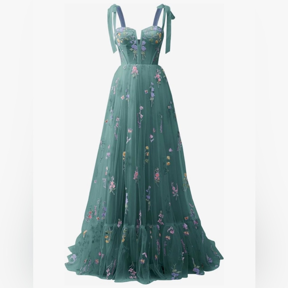 NWOT Teal Embroided Floral Tulle Maxi Prom Formal Dress S/M